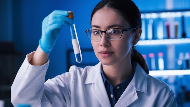Female medical or scientific researcher looking at a test tube in a laboratory