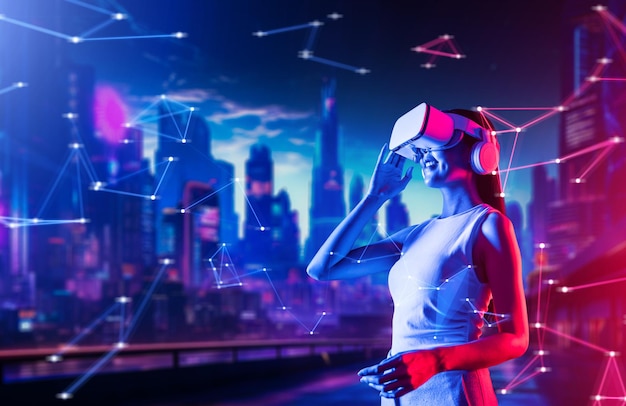 female in metaverse raise right hand hold goggle looking faraway hallucination