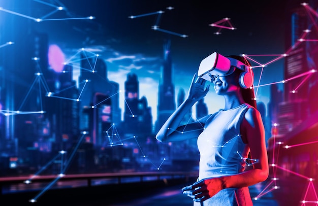 female in metaverse raise right hand hold goggle looking faraway hallucination