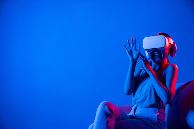 Photo female in metaverse sitting excited and emotionally watch movie hallucination