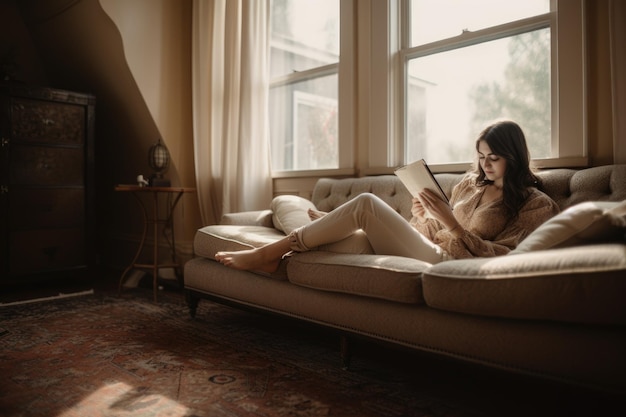 Женщина 30-х годов с Ближнего Востока читает книги на диване в гостиной, повседневно расслабляется Генеративный AI AIG23