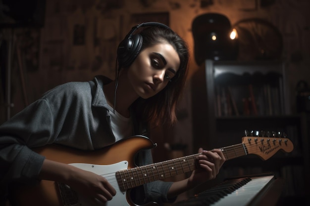 Photo female middle eastern teenager playing music in home studio sound generative ai aig23