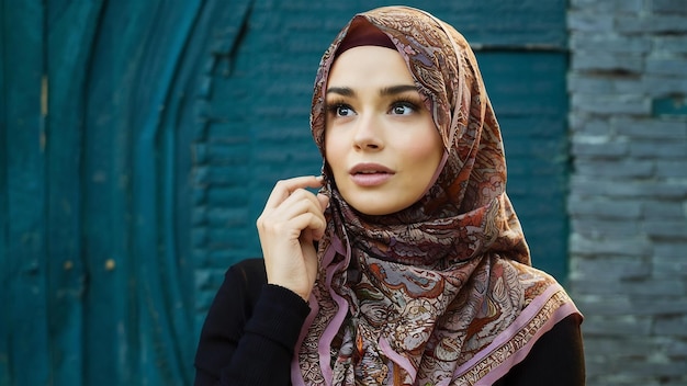 Photo female model adverting oriental style hijab with patterns