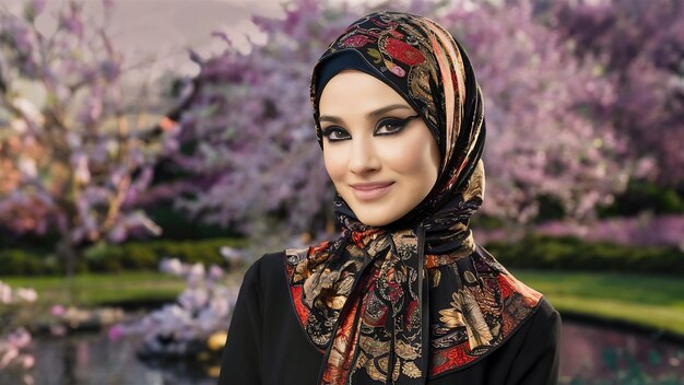 Photo female model adverting oriental style hijab with patterns