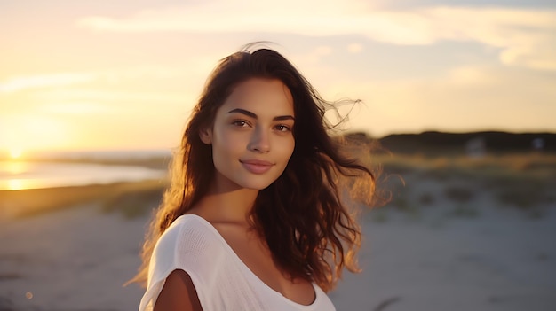 Женская модель наслаждается приключениями на открытом воздухе на мечтательном пляже, созданном ИИ.