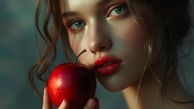 Foto modella femminile con una mela in mano che posa sullo sfondo dello studio