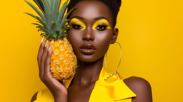 Photo female model holding pineapple posing on yellow studio background