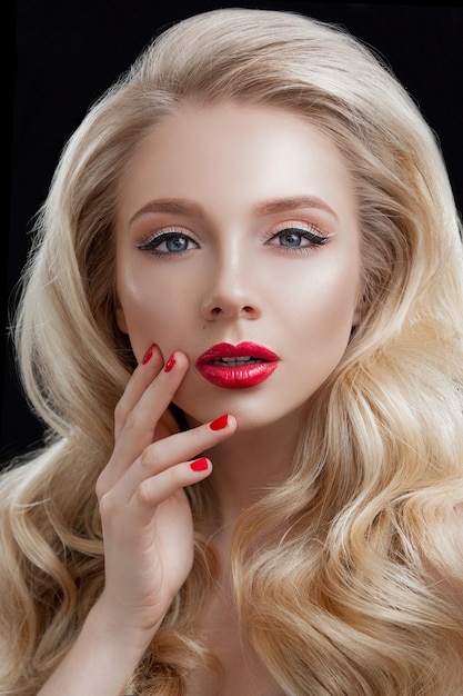 Female model porter, red lipstick, natural makeup.