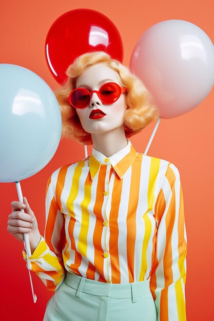 An female model posing with balloon on hand in bright color Generative Ai