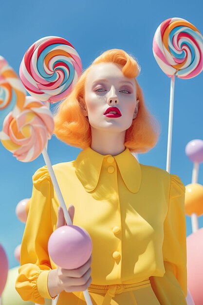 An female model posing with candy on hand in bright color Generative Ai