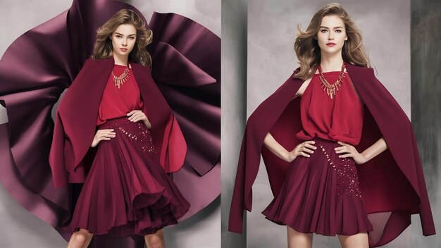 Female model in red and bordeaux color outfits