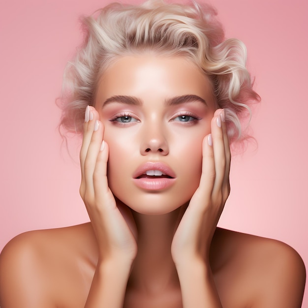 Female model touching her face with her fingers on the pink background