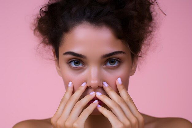 Female model touching her face with her fingers on the pink background