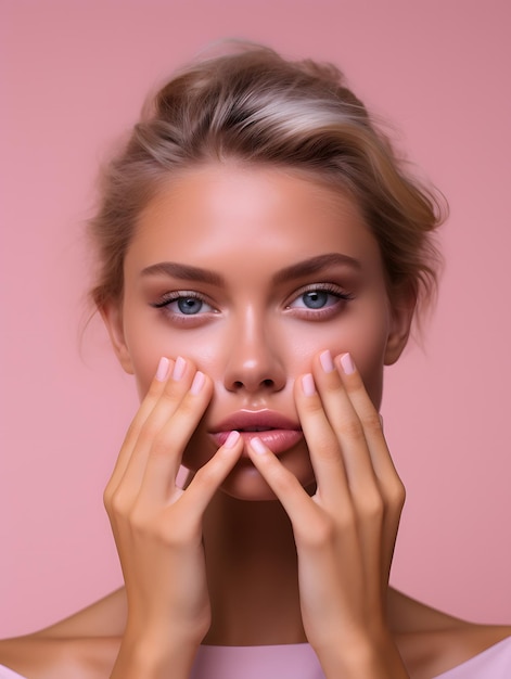 Female model touching her face with her fingers on the pink background