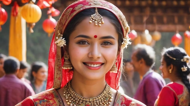 Female model in traditional clothes looks happy and smiling with decoration