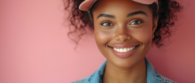 Photo female model wearing denim and a cap standing in front of a pink backdrop and smiling