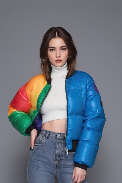 Photo a female model wearing a rainbow colored puffer jacket