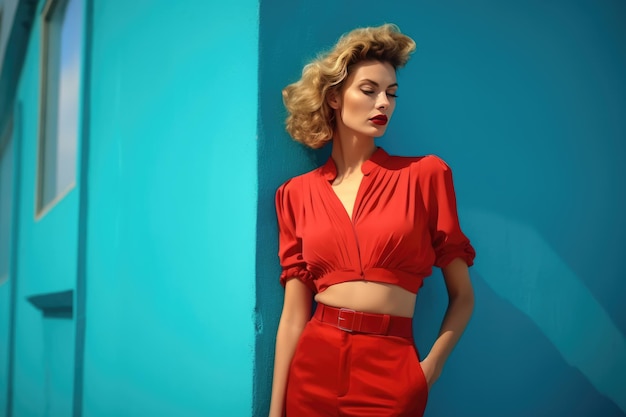 Female model wearing red dress and high heels next to a blue wall