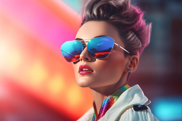 Female model wearing vibrant retro futuristic outfit Generate ai