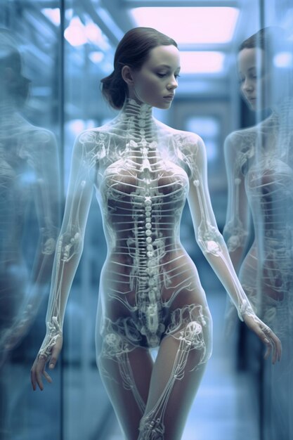 a female model with a skeleton in the back