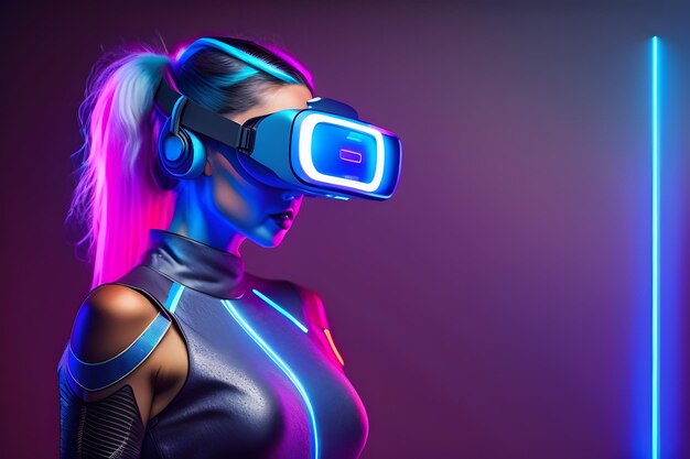 Female in modern vr glasses interacting with network while having virtual reality experience