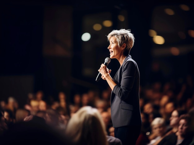 Female motivational speaker on Stage talking about how to success