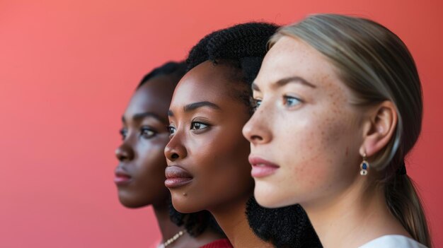 Photo female multiracial ethnic group with diverse skin tones looking at camera together on pink background women from various ethnic backgrounds including caucasian african and asian