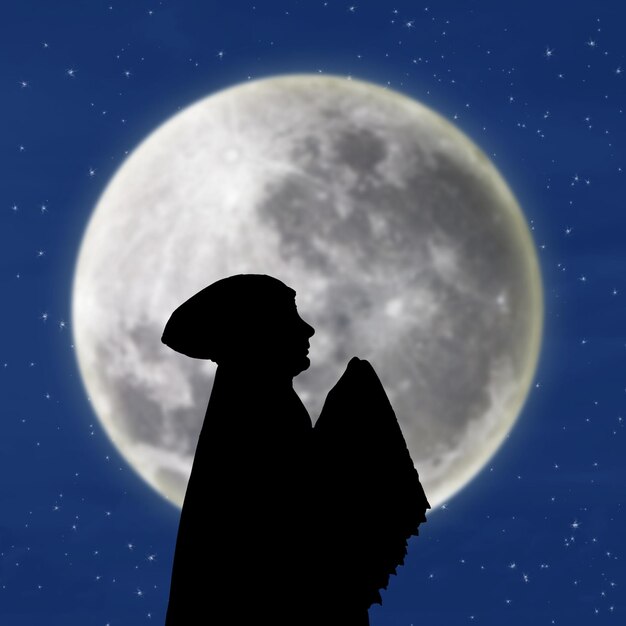 Photo female muslim praying under blue moon