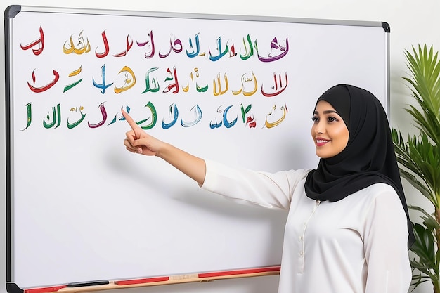 Фото Мусульманская учительница указывает на символ алфавита хиджая или арабские буквы на доске.