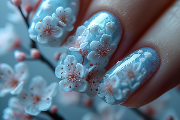 Female nails with figures of petal blue color closeup and flowers Nail art