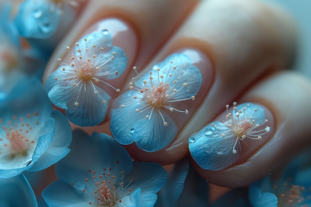 Female nails with figures of petal blue color closeup and flowers Nail art