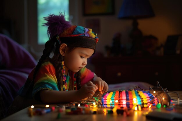 Female Native American child playing with toy in living room Generative AI AIG23