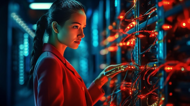 A female network engineer connecting cables in server cabinet while working