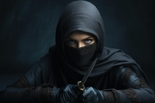 Female ninja with sword on grey background