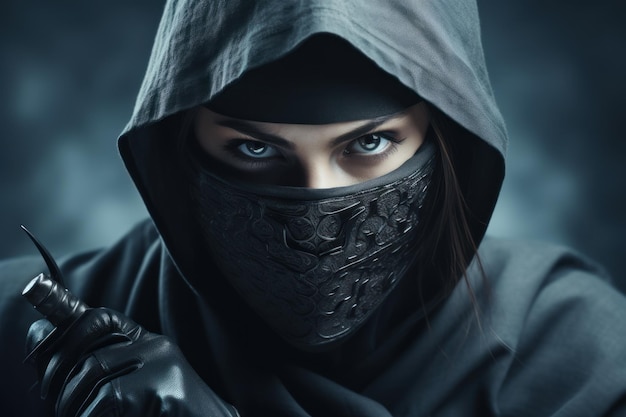 Female ninja with sword on grey background