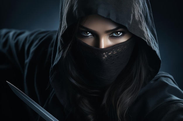 Female ninja with sword on grey background