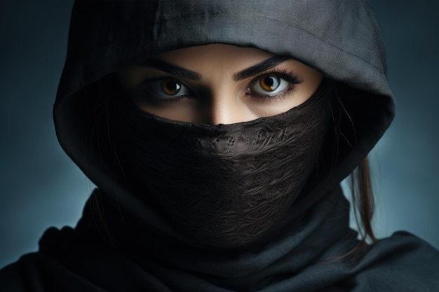 Female ninja with sword on grey background