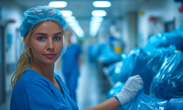 Female nurse is standing in hospital corridor and looking at the camera She is wearing blue uniform and hairnet