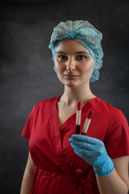 Female nurse in red uniform is showing blood test tube isolated on dark background