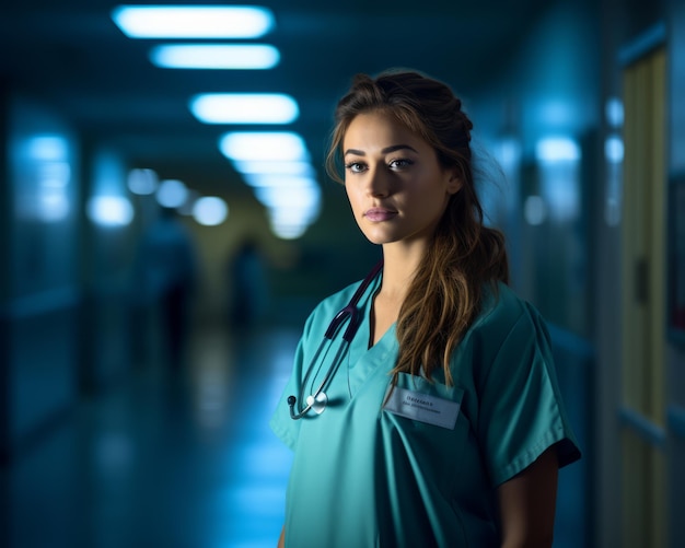 a female nurse in scrubs standing in an empty hallway