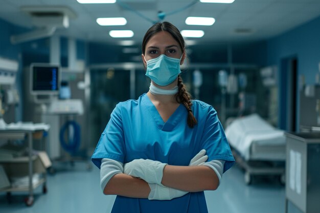 Женская медсестра стоит в своей больничной комнате с хирургическими перчатками и маской