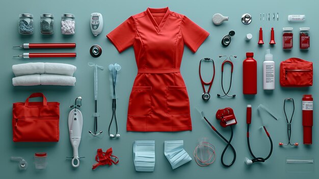 Photo female nurse uniform in the style of knolling