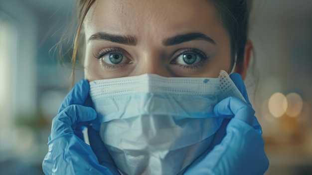 마스크를 착용 한 여성 간호사 가 장갑을 착용 하고 있다