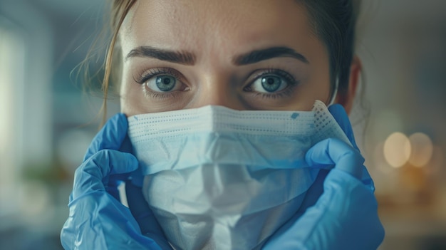 Female nurse with a mask putting on gloves