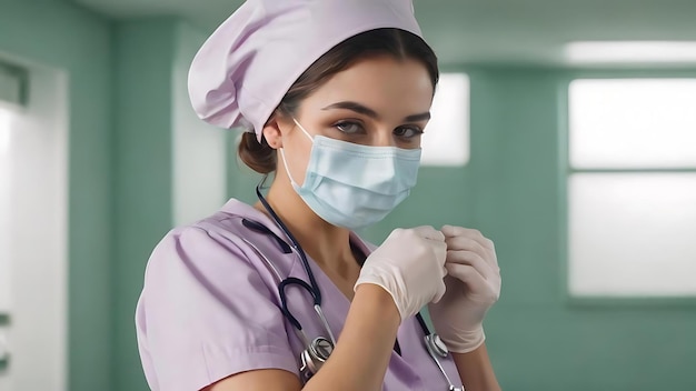 Female nurse with a mask putting on gloves