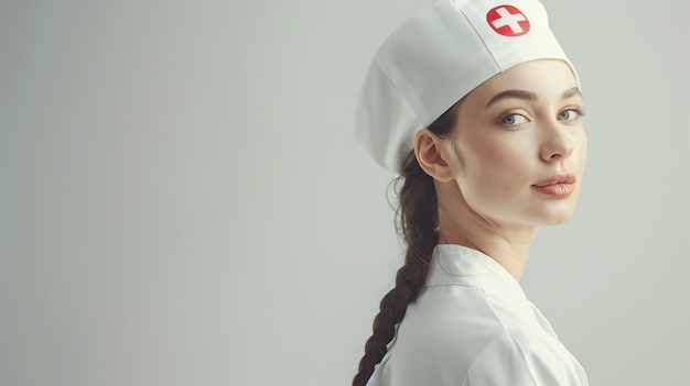 a female nurse with a red cross on her head