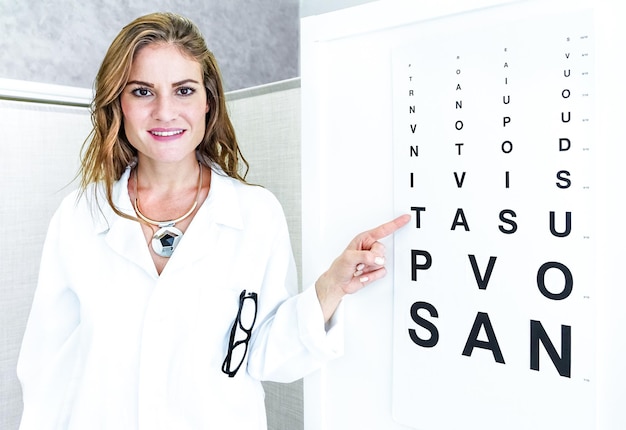 Женщина-врач-окулист указывает на таблицу проверки зрения и смотрит в камеру