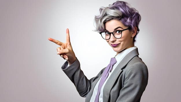 안경을 쓴 여성 사무실 직원이  바탕에 손가락으로 평화 표지판을 하고 있다