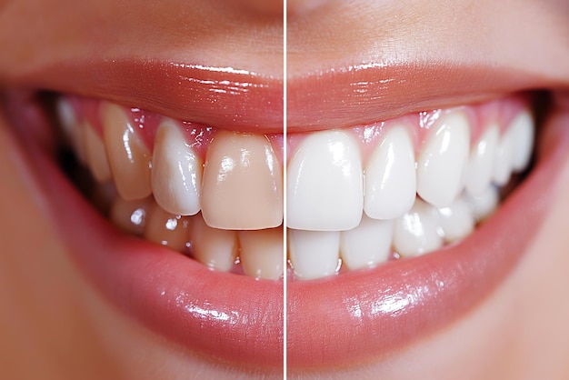 female open mouth with smile with healthy white teeth before and after dental whitening caries treatment and plaque removal closeup