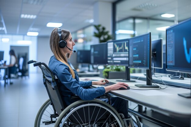 Женщина-оператор в инвалидном кресле, работающая на рабочем месте с несколькими мониторами
